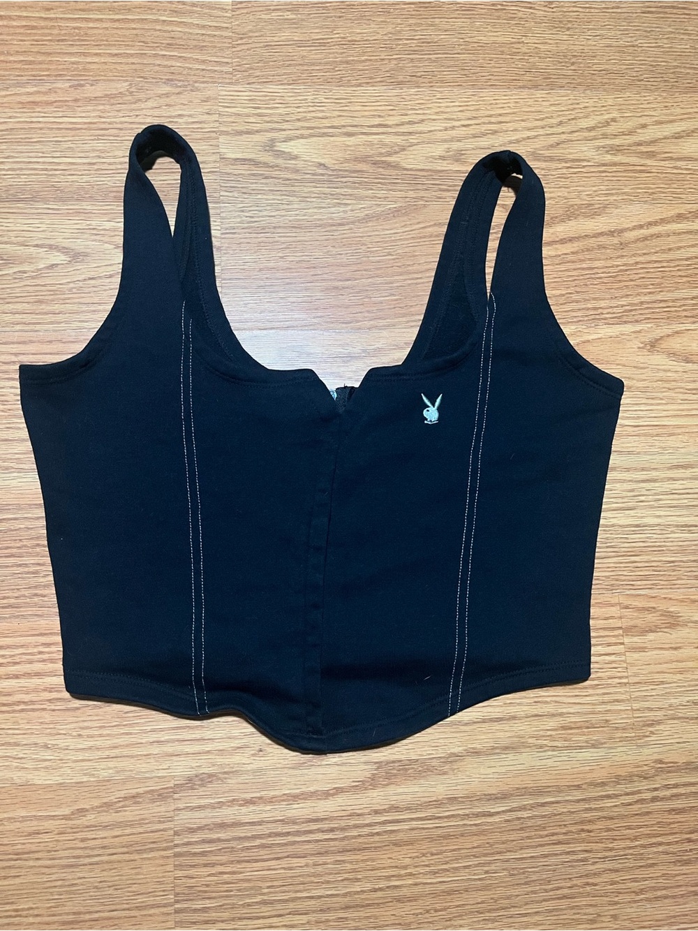 PLAYBOY Black Ribbed Corset style Crop Tank with Bunny Emblem
